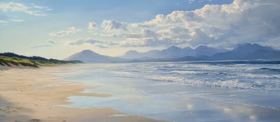 Obraz premium Serene morning beach landscape with gentle waves, soft sand, and distant mountains under a bright sky with fluffy clouds