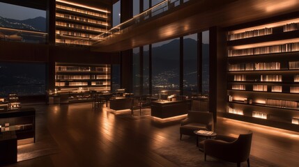 Luxurious Library Lounge with Panoramic Night View