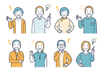 上を向いて明るい表情をする高齢者のイラストセット＿上半身