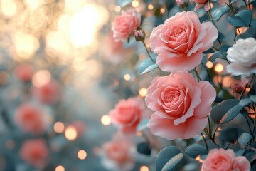 Dreamy floral background featuring soft pink roses and delicate leaves, creating serene and romantic atmosphere with bokeh effect