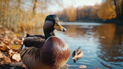 Obraz premium Ducks by the riverside in Dunabogdany during a sunny autumn day surrounded by vibrant foliage and serene water reflections.