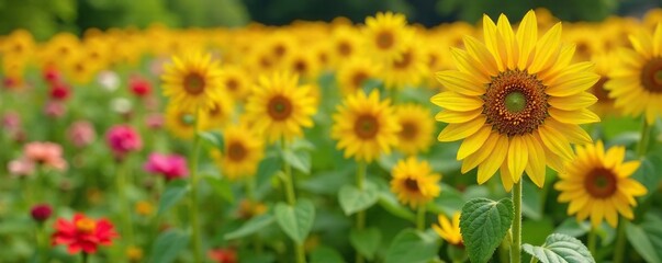 Obraz premium A patch of bright yellow sunflowers in a field of different colored flowers, garden, flowers