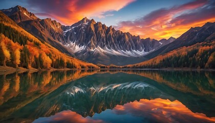 Obraz premium Majestic Mountains Reflecting in Calm Autumn Lake at Sunset