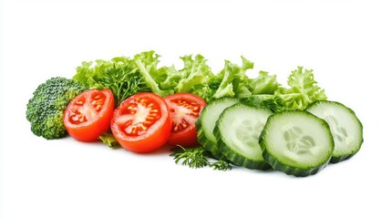 Fresh and vibrant vegetable salad featuring cucumbers tomatoes lettuce and broccoli on a white background. Healthy eating concept.