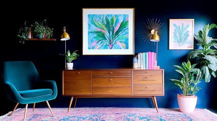 Mid Century Modern Living Room with Tropical Plants and Artwork