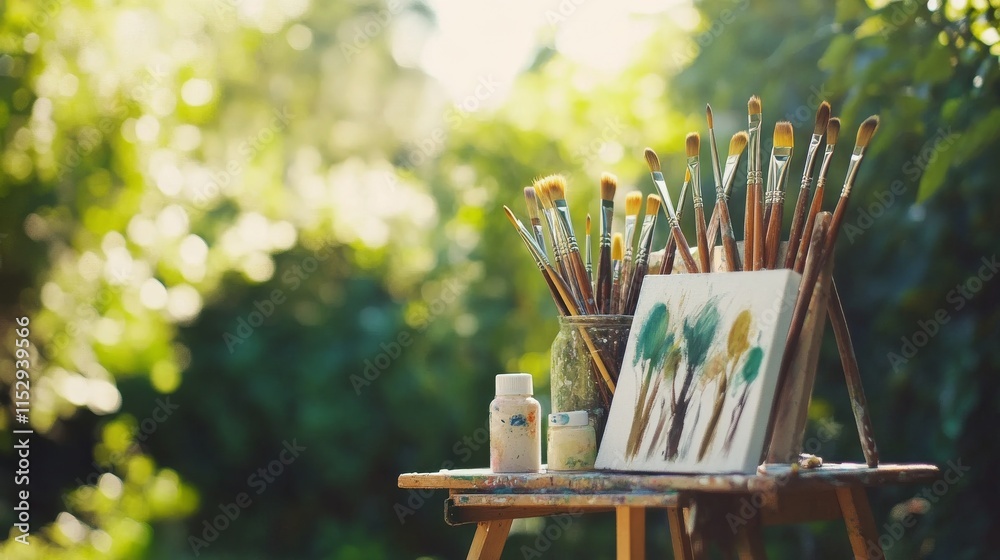 Poster a peaceful painting session in a sunlit garden studio, paintbrushes and canvases arranged for artist