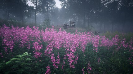 Obraz premium Misty Forest Meadow with Pink Flowers and Stone Ruins