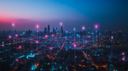 Fototapeta premium Abstract businesswoman stands on the peak of success Smart digital city with connection cyber security network reciprocity over the cityscape future wireless digital city and social media networking