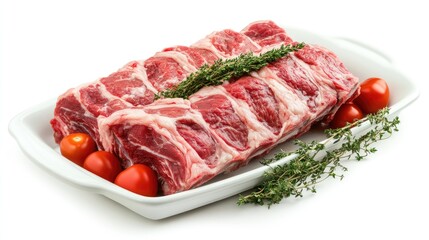Fresh raw beef rib cuts garnished with thyme and cherry tomatoes displayed on a white platter isolated on a clean background.