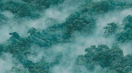 Fototapeta premium Misty Rainforest Canopy Aerial View Lush Green Foliage Enveloped in Fog