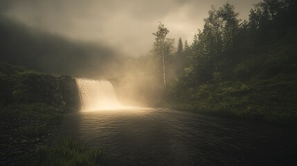 Misty Waterfall in a Tranquil Forest Landscape