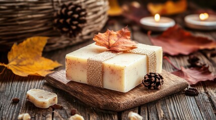 Handmade collagen soap with autumn leaves on wooden surface ambiance with candles and pinecones for natural skincare aesthetic