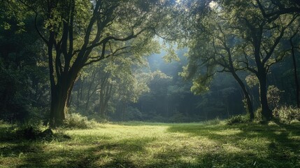 Naklejka premium Serene forest landscape with sunbeams illuminating a tranquil grassy clearing surrounded by lush trees and greenery.