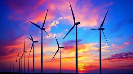 Fototapeta premium Vibrant Sunset Over Turbines in Renewable Energy Landscape