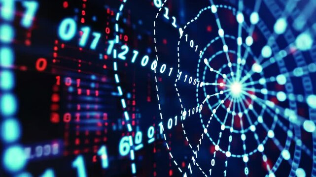 A computer screen displaying a vibrant blue and red pattern, creating an eye-catching visual display, An intricate spider web design using binary digits