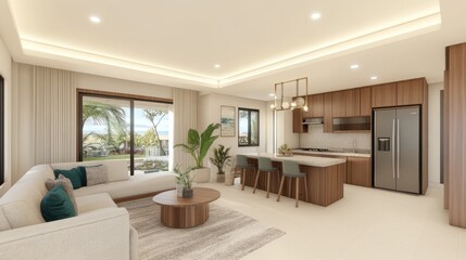 Modern Coastal Living Room and Kitchen Design