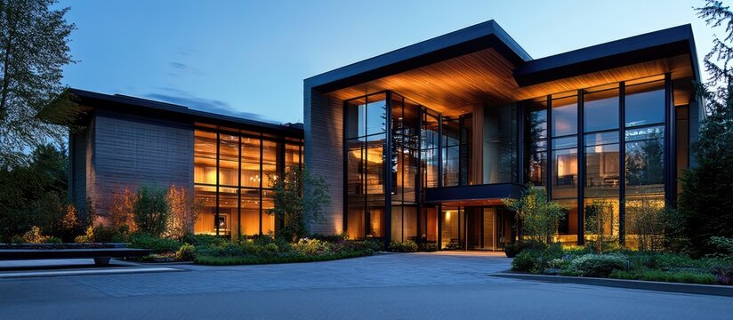 Contemporary hotel facade with elegant glass design and warm lighting ideal for promoting upscale hospitality experiences.