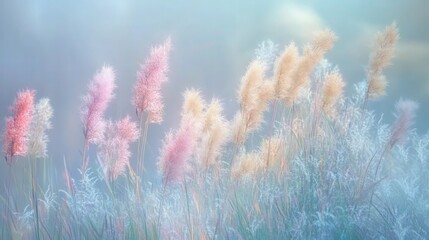 fluffy pastel colors feather grass flowers, digital art style
