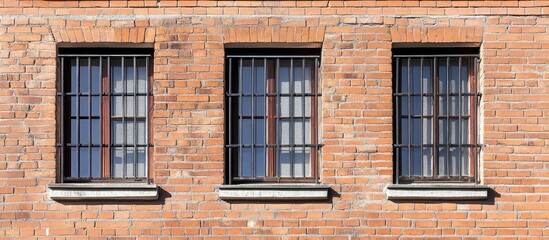 Fototapeta premium Metal security bars on brick wall windows showcasing safety features and architectural elements in residential design