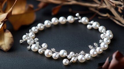 Obraz premium Elegant pearl bracelet adorned with crystals on dark background surrounded by dried leaves for luxury jewelry display and home decoration.