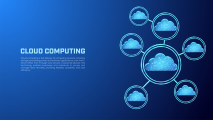 Digital cloud computing concept in low poly style, wireless technology in dark blue background suitable for presentation illustration about data security, internet, server data.