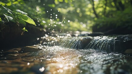 Lush countryside stream with sparkling water droplets in a serene natural setting evoking freshness and tranquility.