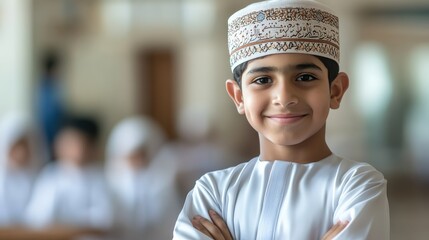 Fototapeta premium Young Omani Boy Smiles Wearing Traditional Clothing