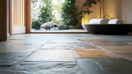 Natural stone flooring in a serene wellness setting promoting health and relaxation with a natural aesthetic and calming atmosphere