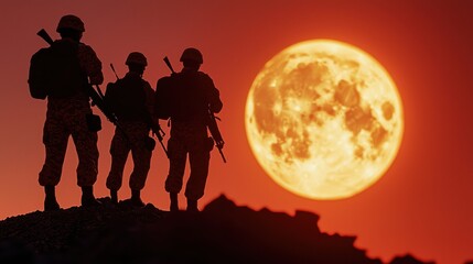 Fototapeta premium Silhouetted Soldiers Facing Dramatic Lunar Eclipse Over Rugged Mountain Terrain