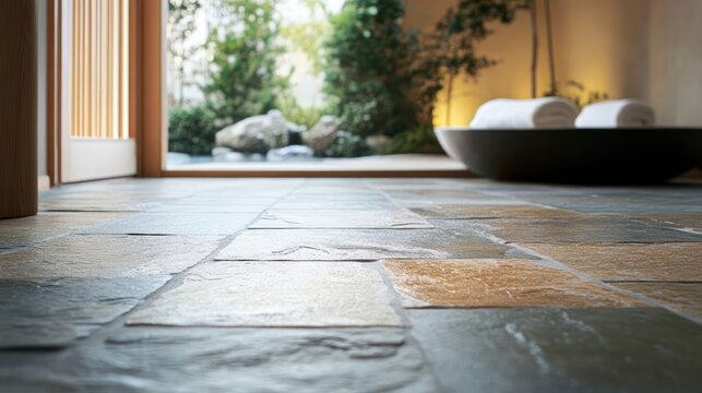 Natural stone flooring in a serene wellness setting promoting health and relaxation with a natural aesthetic and calming atmosphere