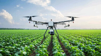 Automated farming with drone over green crops in field. technology enhances agricultural efficiency and productivity, showcasing modern farming practices