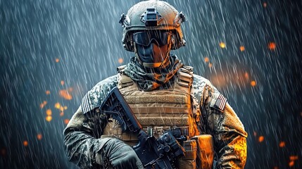 Fototapeta premium Heavily Armored Soldier Aiming Rifle in Rainy Combat Zone During Intense Military