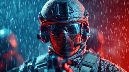 Heavily Equipped Soldier Bracing Against Heavy Storm While on Covert Military Mission