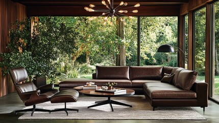 Obraz premium Modern Living Room Design with Leather Furniture and Large Windows