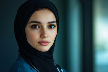 Naklejka premium A woman wearing a black headscarf and a stethoscope