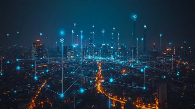 Abstract businesswoman stands on the peak of success Smart digital city with connection cyber security network reciprocity over the cityscape future wireless digital city and social media networking