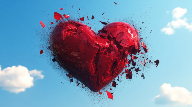Exploding red heart against blue sky with clouds, symbolizing love and emotion. heart shatters into pieces, creating dramatic visual effect