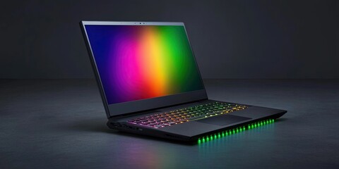 A sleek gaming laptop with a vibrant, colorful display and illuminated keyboard, set against a dark background.