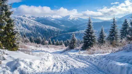 Serene winter landscape with snow-covered trees and mountains under a clear blue sky in a tranquil natural setting