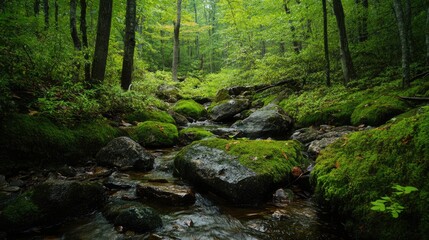 Lush green forest stream with mossy rocks capturing the essence of nature during hiking and climbing adventures