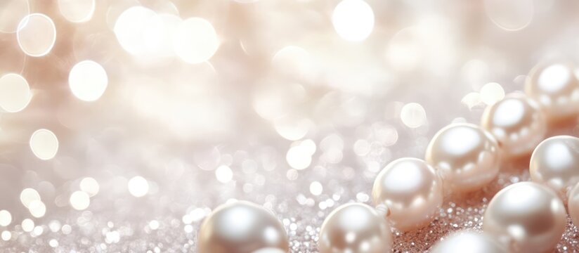 Delicate white pearl beads elegantly arranged on a shimmering soft background creating an atmosphere of luxury and sophistication.