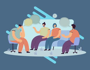 Depressed people counseling with psychologist flat vector illustration. Cartoon characters talking with doctor on psychotherapist sessions. Group therapy and support concept