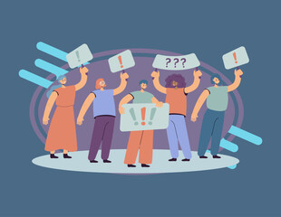 Crowd of women holding placards and protesting flat vector illustration. Cartoon political female activists on mass meeting or rally. Feminism and fight for rights concept