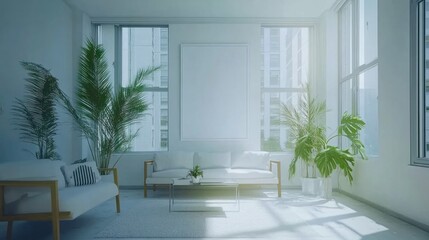 Bright minimalist living room with plants and sofa.