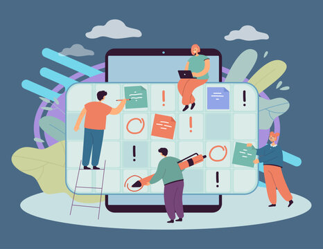 Employees or students using organizer app on tablet. Young people putting schedule, agenda and events into online calendar flat vector illustration. Deadline, time management, communication concept