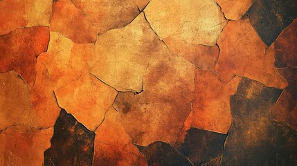 Abstract grunge background with earthy tones of burnt orange, ochre, and dark brown. Jagged, overlapping brush strokes create a cracked and distressed texture
