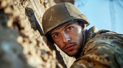 Fototapeta premium Courageous Soldier in Camouflage and Military Helmet Poised for Battle on Frontline