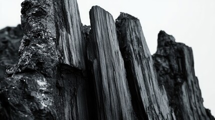 Natural wood charcoal pieces arranged artistically on a white background showcasing texture and detail for eco-friendly or culinary concepts