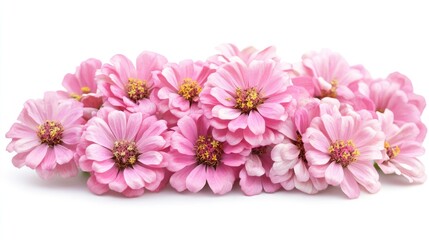 Delicate arrangement of vibrant pink zinnia flowers showcasing their natural beauty and charm against a clean white background.