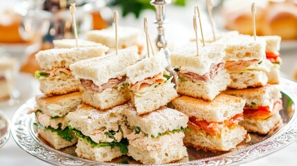 Assorted mini sandwiches on a silver platter for a tea party.
